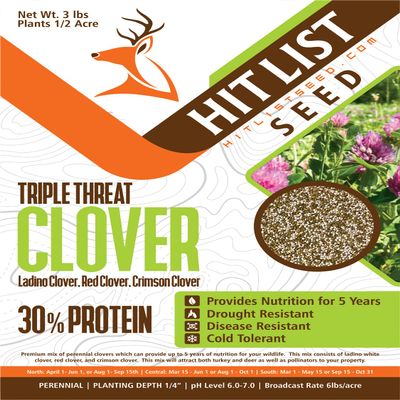 Hit List Seed Triple Threat Clover Food Plot Seeds for Deer [Perennial] - Deer Food Plot Seed Perennial - Ladino/Red/Crimson Clover - Spring, Summer & Fall Planting - 3 lbs