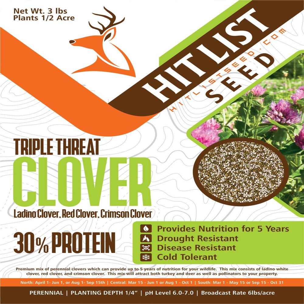 Hit List Seed Triple Threat Clover Food Plot Seeds for Deer [Perennial] - Deer Food Plot Seed Perennial - Ladino/Red/Crimson Clover - Spring, Summer & Fall Planting - 3 lbs