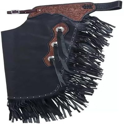 Custom Made Leather Western Chinks/Chaps Soft Quality Leather Floral Tooled Bull Trail Riding Black (X-Small)