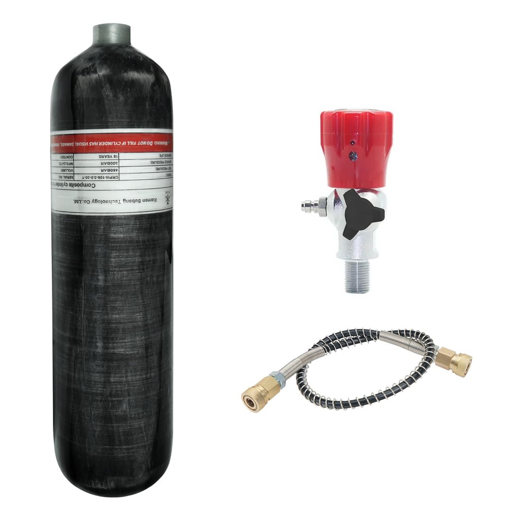 TUXING 3L 4500psi Carbon Fiber Air TankEmpty Bottle & Paintball Fill Station with Valve Regulator Gauge for PCP Game (3L+F)