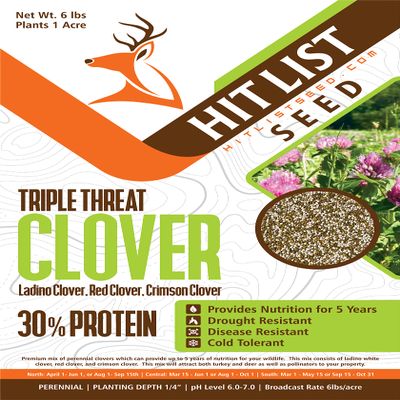 HIT LIST SEED Triple Threat Clover Food Plot Seeds for Deer [Perennial] - Deer Food Plot Seed Perennial - Deer Plot Seed Mix - Ladino/Red/Crimson Clover - Spring, Summer & Fall Planting - 6 lbs