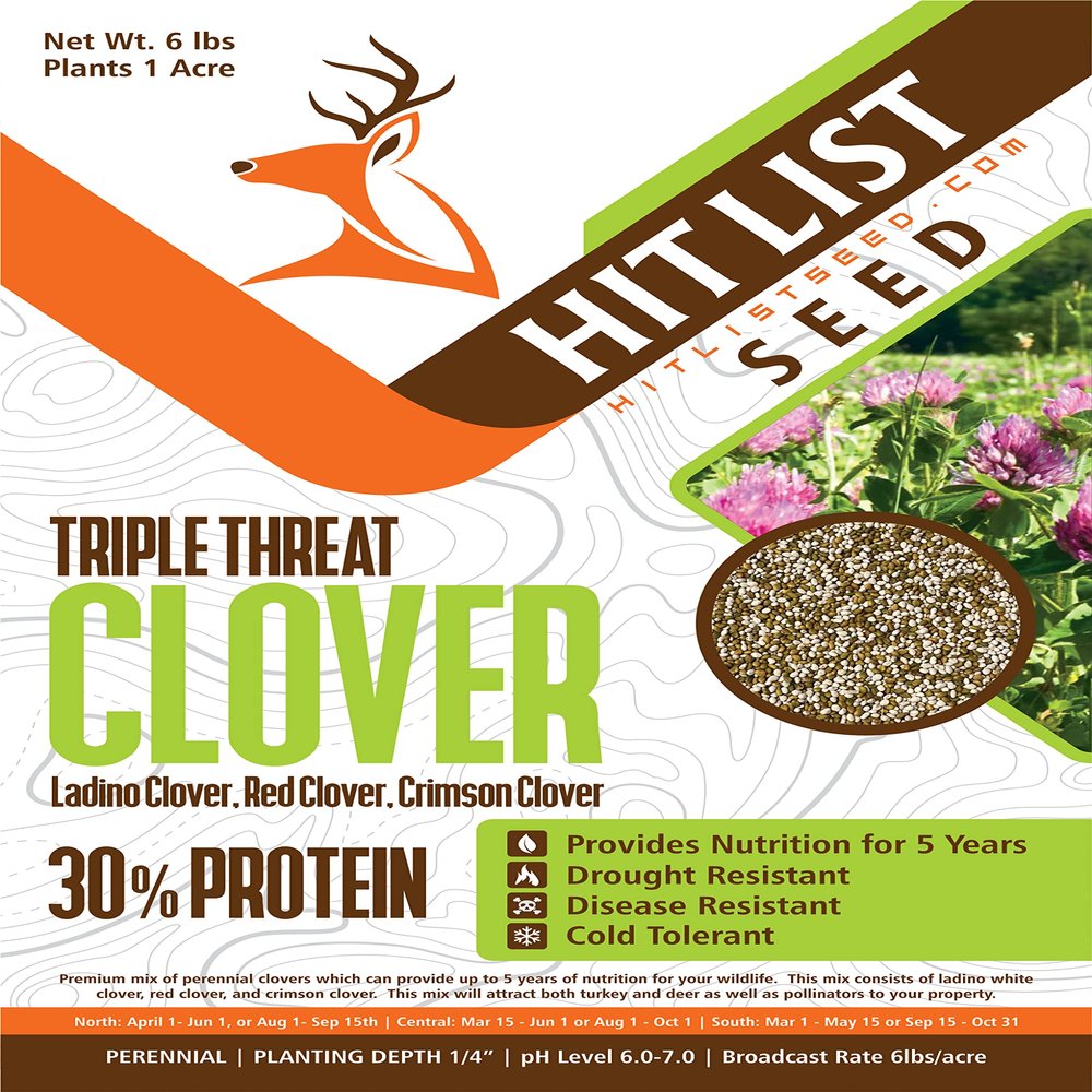 HIT LIST SEED Triple Threat Clover Food Plot Seeds for Deer [Perennial] - Deer Food Plot Seed Perennial - Deer Plot Seed Mix - Ladino/Red/Crimson Clover - Spring, Summer & Fall Planting - 6 lbs