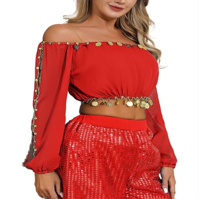 Alvivi Women Belly Dance Costume Sequin Crop Top Split Long Puff Sleeve Halloween Carnival Tops Red One Size
