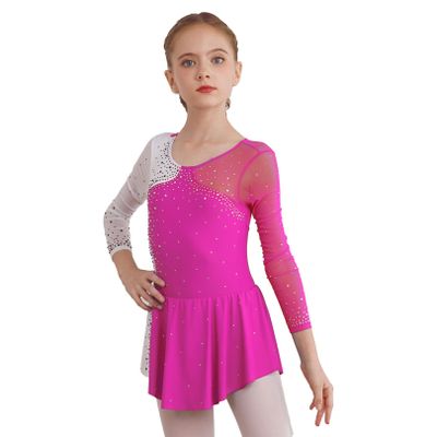 FEESHOW Kids Girls Long Sleeve Figure Ice Skating Dress Ballerina Shiny Diamond Ballet Dance Leotards Costume Rose 16 Years