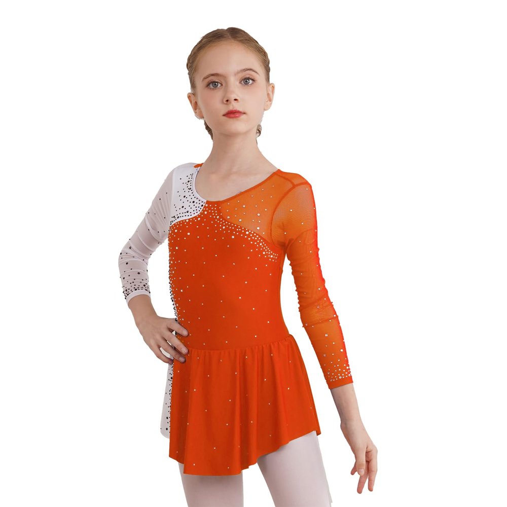 FEESHOW Kids Girls Long Sleeve Figure Ice Skating Dress Ballerina Shiny Diamond Ballet Dance Leotards Costume Orange 16 Years