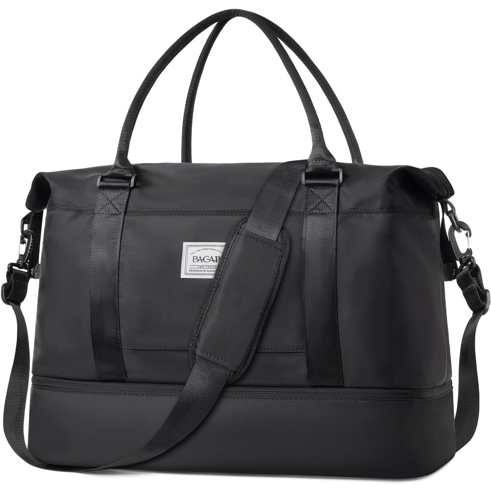 BAGAIL Travel Duffel Bag - Weekender, Overnight Gym Carry On Tote with Wet Pocket, Hospital Mom Bag for Labor and Delivery - Extra Large, Black