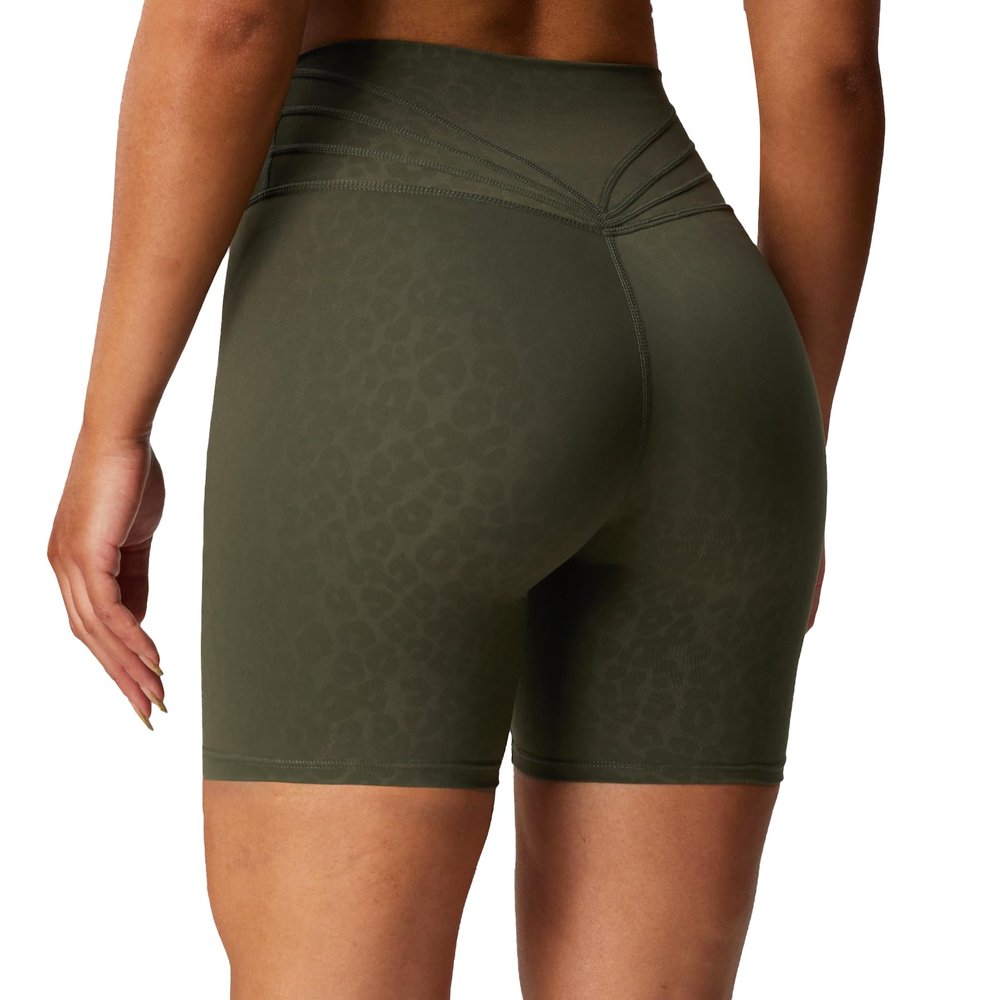Aoxjox Trinity Workout Biker Shorts for Women Tummy Control High Waisted Exercise Athletic Gym Running Yoga Short 6" (Olive Green Leopard Print, Small)