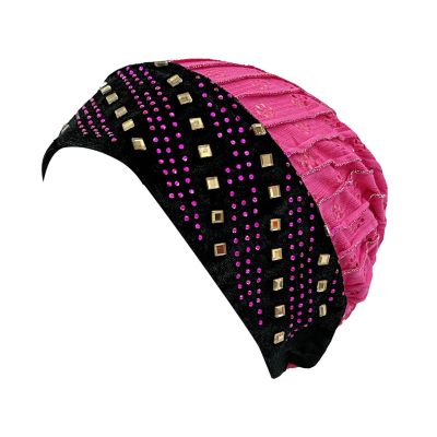 Womens Rhinestones Vintage Turbans Hats Patchwork Hollow Out Headwraps Cap Stretch Not Slip African Hat (Hot Pink, One Size)