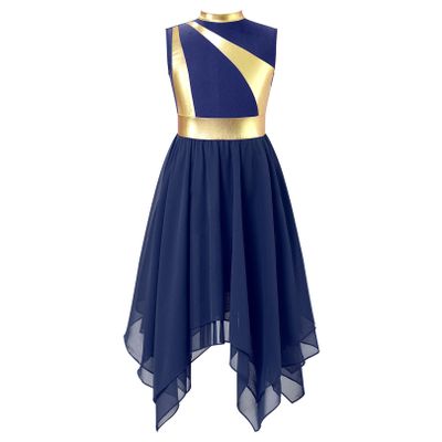 FEESHOW Girls Kids Shiny Sleeveless Ballet High-Low Lyrical Dance Dress Modern Contemporary Performance Costumes Dark Blue&Gold 10 Years