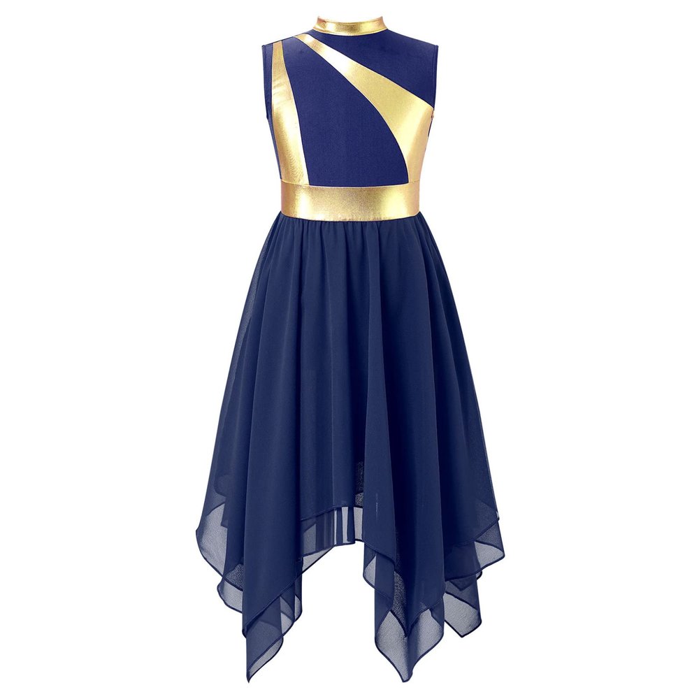 FEESHOW Girls Kids Shiny Sleeveless Ballet High-Low Lyrical Dance Dress Modern Contemporary Performance Costumes Dark Blue&Gold 10 Years
