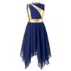 FEESHOW Girls Kids Shiny Sleeveless Ballet High-Low Lyrical Dance Dress Modern Contemporary Performance Costumes Dark Blue&Gold 10 Years view 1