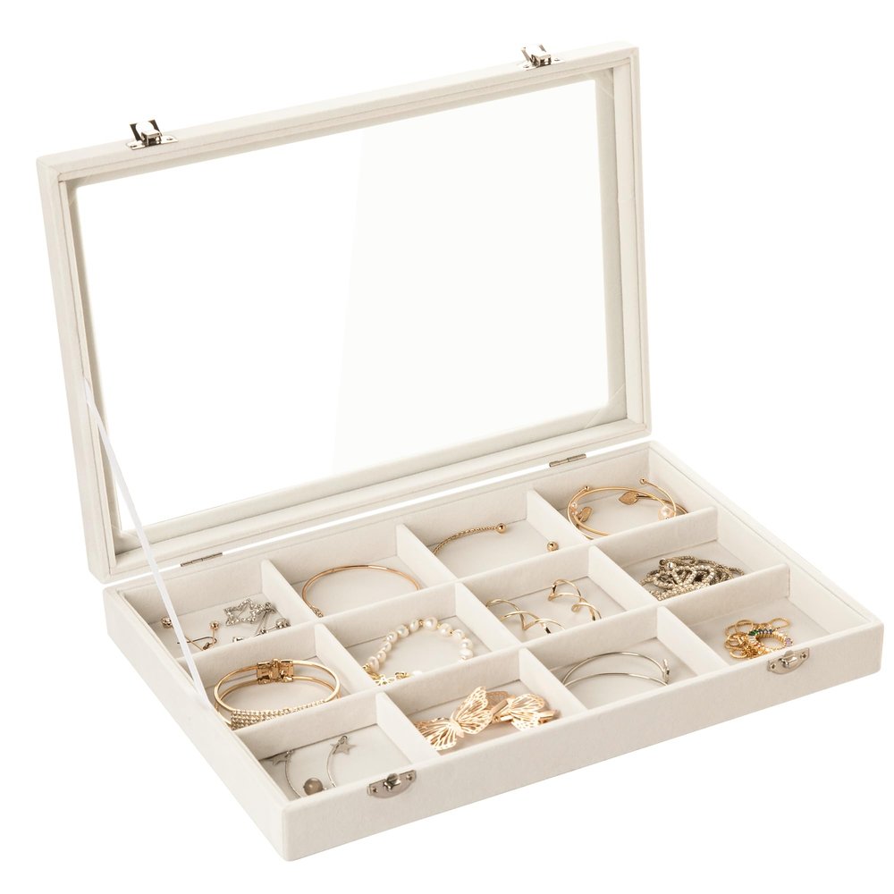 Frebeauty Velvet Jewelry Tray,12 Grid Jewelry Organizer with Clear Lid,Bracelets Holder,Jewelry Display Case with Clasp,Drawer Insert Bangle Brooch,13.8 x 9.5 x 2 Inches,Gift for Women Girls(Beige)