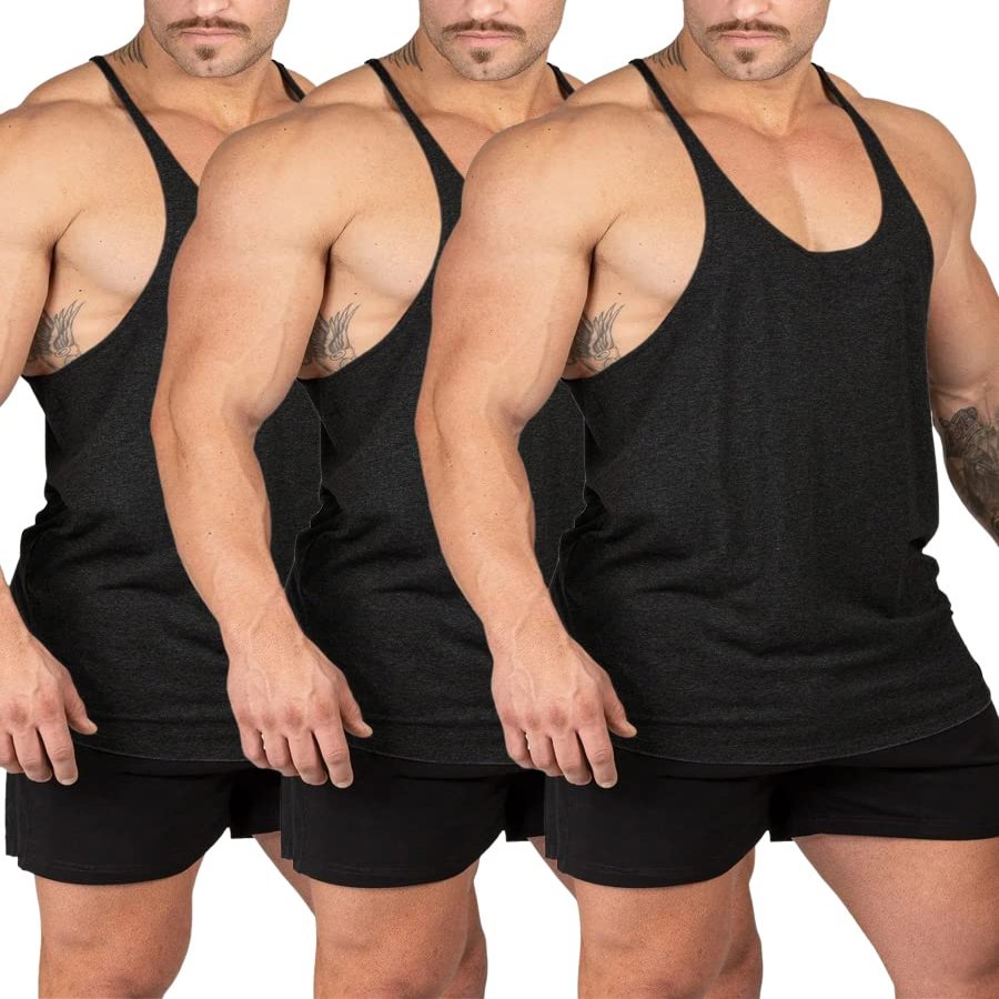 Aitrepeo Stringer Bodybuilding Tank Tops Low Cut Off Gym Workout Training Stretch Polyester Quick Dry T Shirts/Black/Black/Black/M