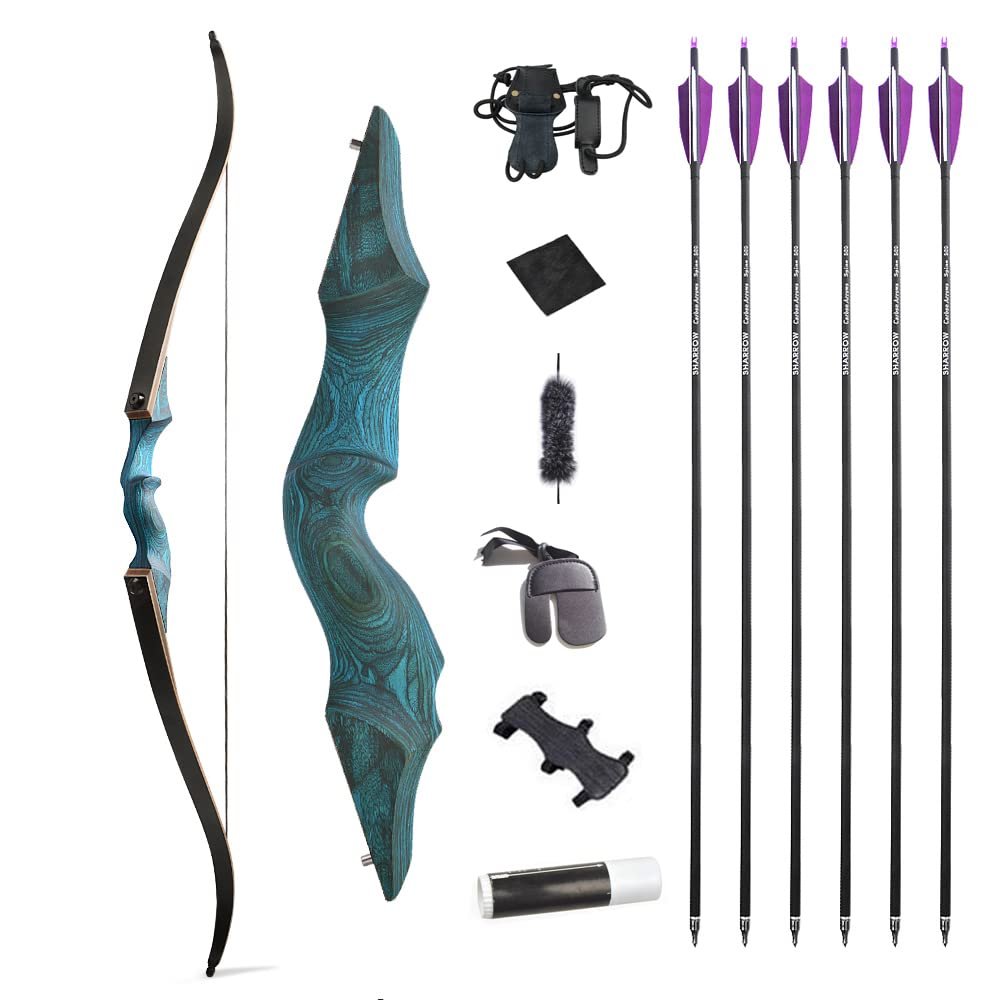 60 Inch Black Hunter Original Takedown Recurve Bow and Arrow Set 20-60lbs Traditional Wood Longbow Right and Left Handed American Hunting Longbow (40 Lbs, Blue Set/Left Handed)
