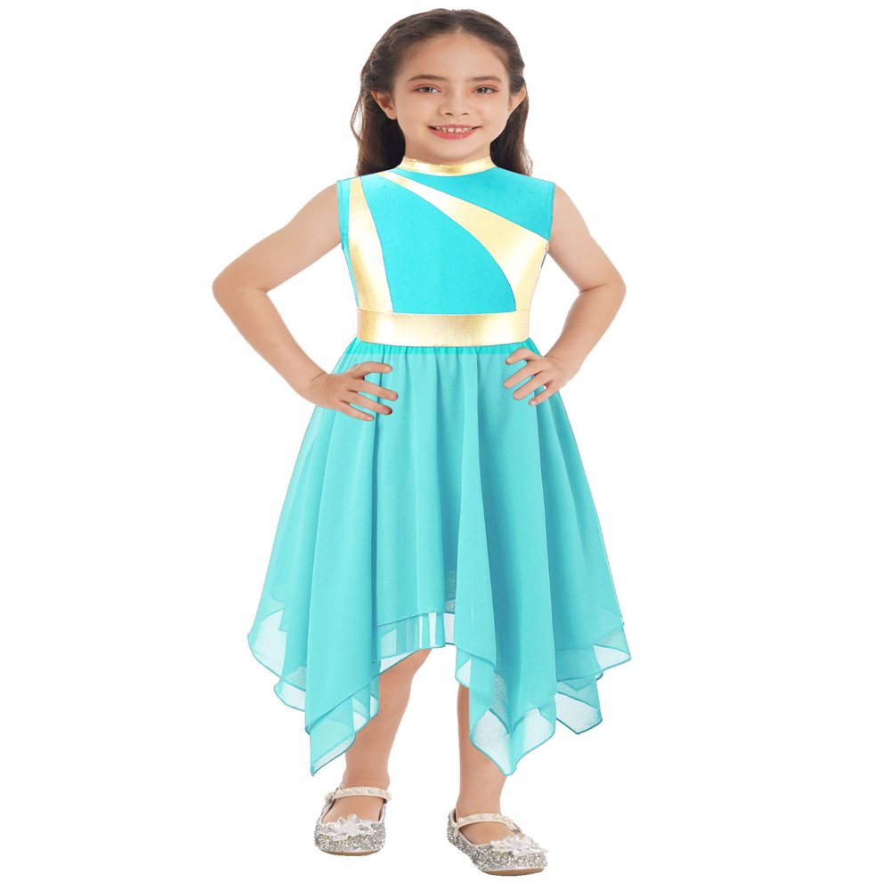 Aislor Kids Girls Sleeveless Color Block Liturgical Worship Praise Dance Tunic Dress Lyrical Contemporary Dance Costume Turquoise 10 Years