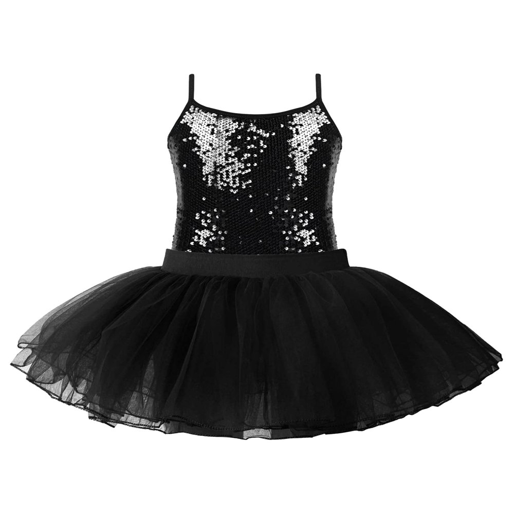 easyforever Girls Sequins Jazz Lyrical Ballet Modern Dance Costume Shiny Camisole Tank Crop Top with Mesh Tutu Skirt Set Black 16 Years