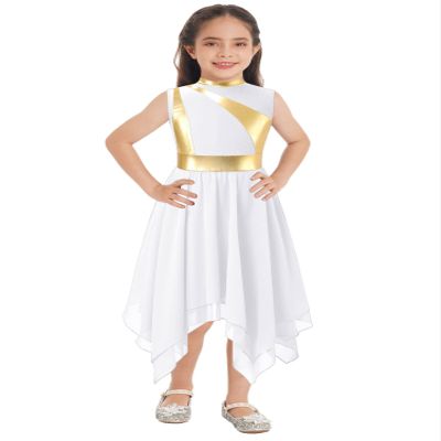 Aislor Kids Girls Sleeveless Color Block Liturgical Worship Praise Dance Tunic Dress Lyrical Contemporary Dance Costume White 10 Years