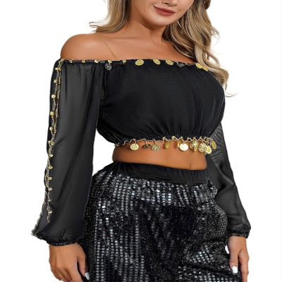 ACSUSS Womens Belly Dance Crop Tops Halloween Theme Party Sequined Beaded Split Long Puff Sleeve Top Black One Size
