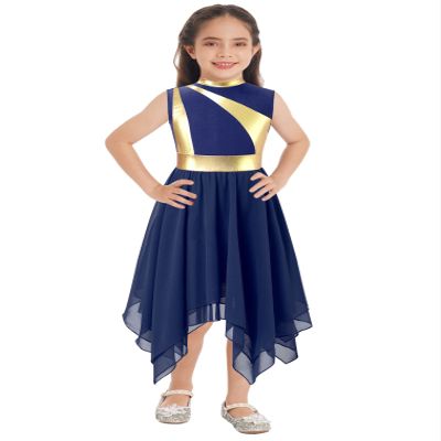 easyforever Kids Girls Praise Lyrical Dance Dress Color Block Asymmetrical Worship Liturgical Costume Tunic Dancewear Navy Blue 6 Years
