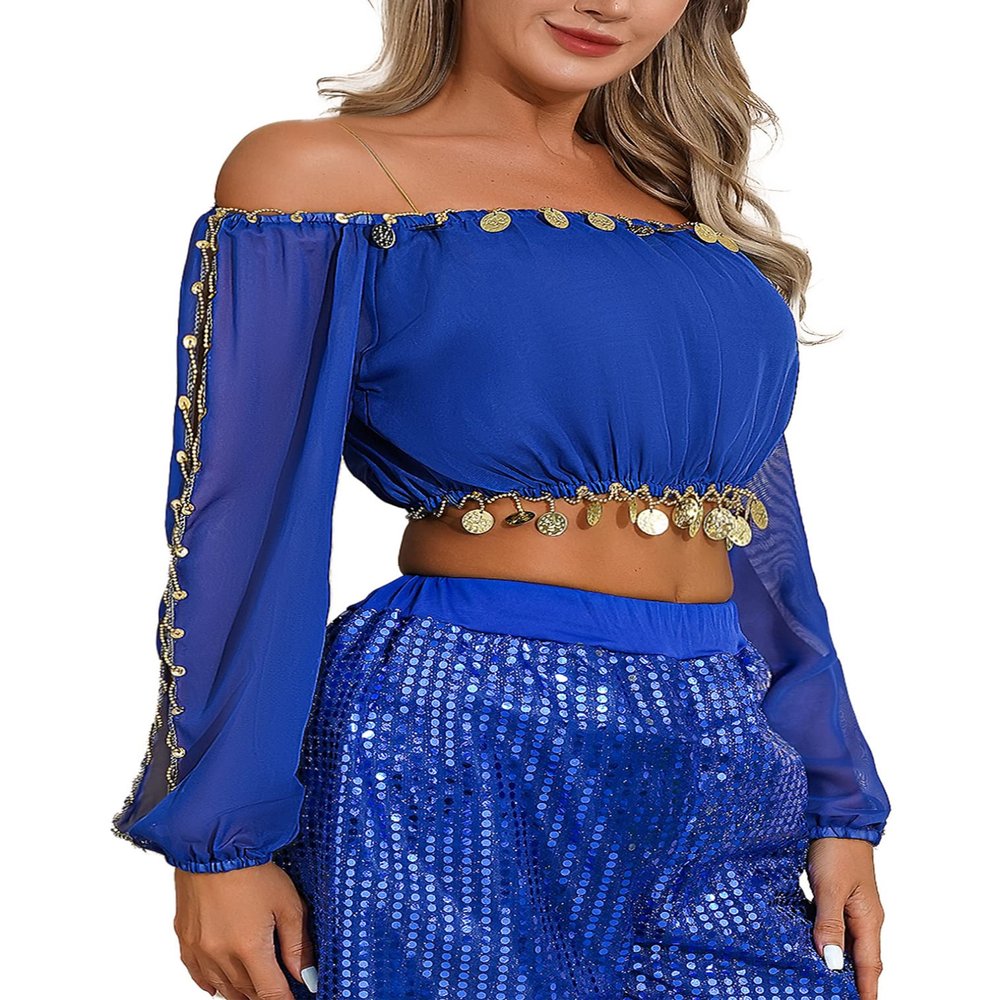 FEESHOW Women's Belly Dance Top Chiffon Flare Puff Sleeve with Cion Performance Blouse Tops Royal Blue One Size