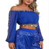 FEESHOW Women's Belly Dance Top Chiffon Flare Puff Sleeve with Cion Performance Blouse Tops Royal Blue One Size view 1