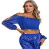 FEESHOW Women's Belly Dance Top Chiffon Flare Puff Sleeve with Cion Performance Blouse Tops Royal Blue One Size view 2