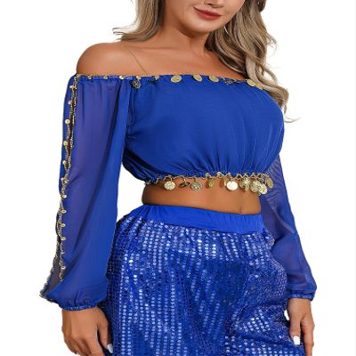 ACSUSS Womens Belly Dance Crop Tops Halloween Theme Party Sequined Beaded Split Long Puff Sleeve Top Royal Blue One Size