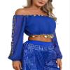 ACSUSS Womens Belly Dance Crop Tops Halloween Theme Party Sequined Beaded Split Long Puff Sleeve Top Royal Blue One Size