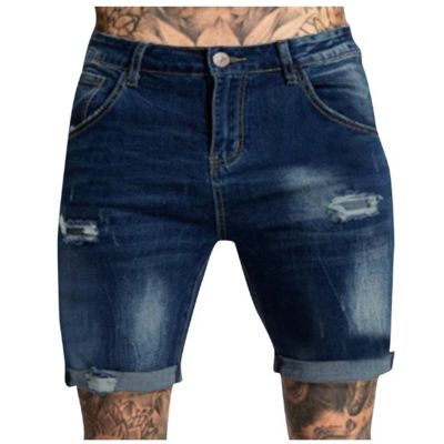 Ymosrh Men Shorts Casual, Mens Casual Grey Cargo Stretch 4 Inch Slim Men's Jeans Shorts Ripped Distressed Denim Shorts with Broken Hole Stretchy Jeans Golf Shorts for Casual Chino Flat (S, Dark Blue)