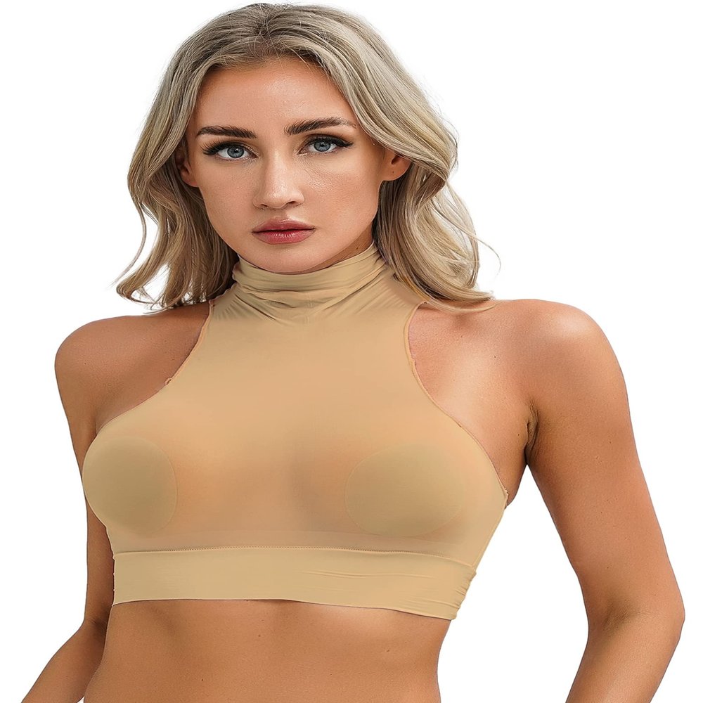 Lejafay Women's Sheer Mesh See Through Mock Neck Sleeveless Crop Tops Tee T-Shirt Underbust Vest Nude One Size