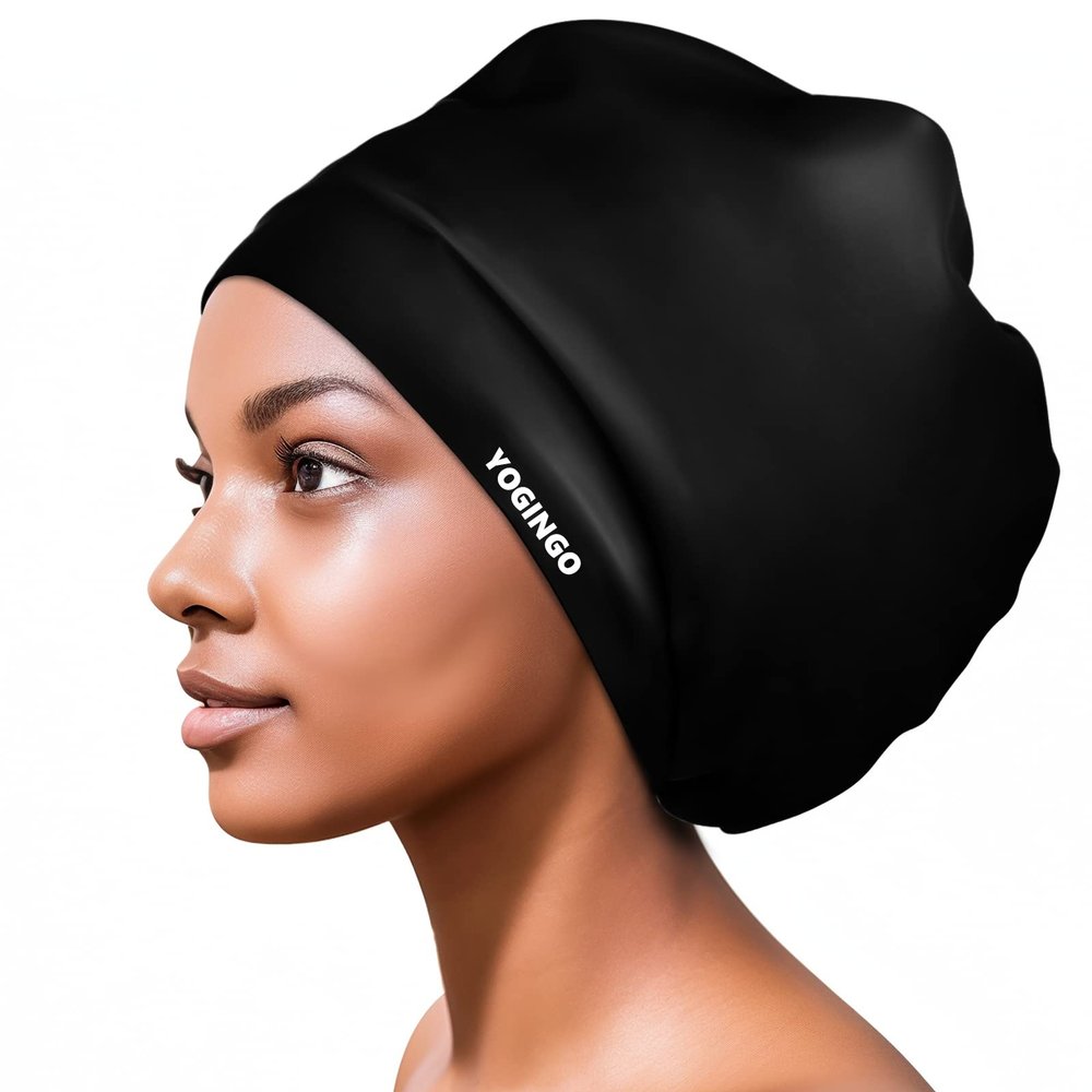 Extra Large Swimming Cap for Long Hair - Swim Cap for Braids and Dreadlocks, Weaves, Hair Extensions, Curls & Afros - Swimming Hat Women & Men - Silicone Adult Swimming CapBlack