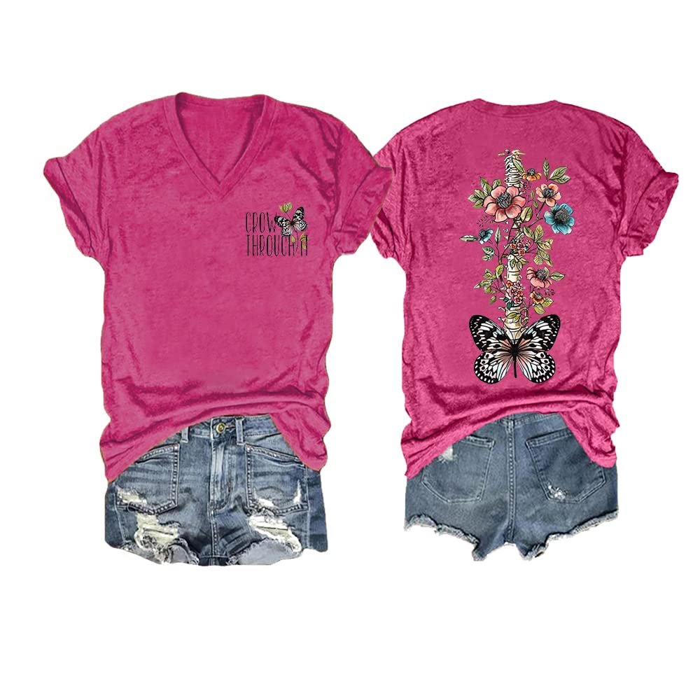 Mental Health Shirts Grow Through It Spine Sweatshirt Grow Through It Shirt Vintage Casual Tops Women Gift Tee Tops V-Neck Loose Shirt Plus Size 4XL Mental Health T Shirt Pink