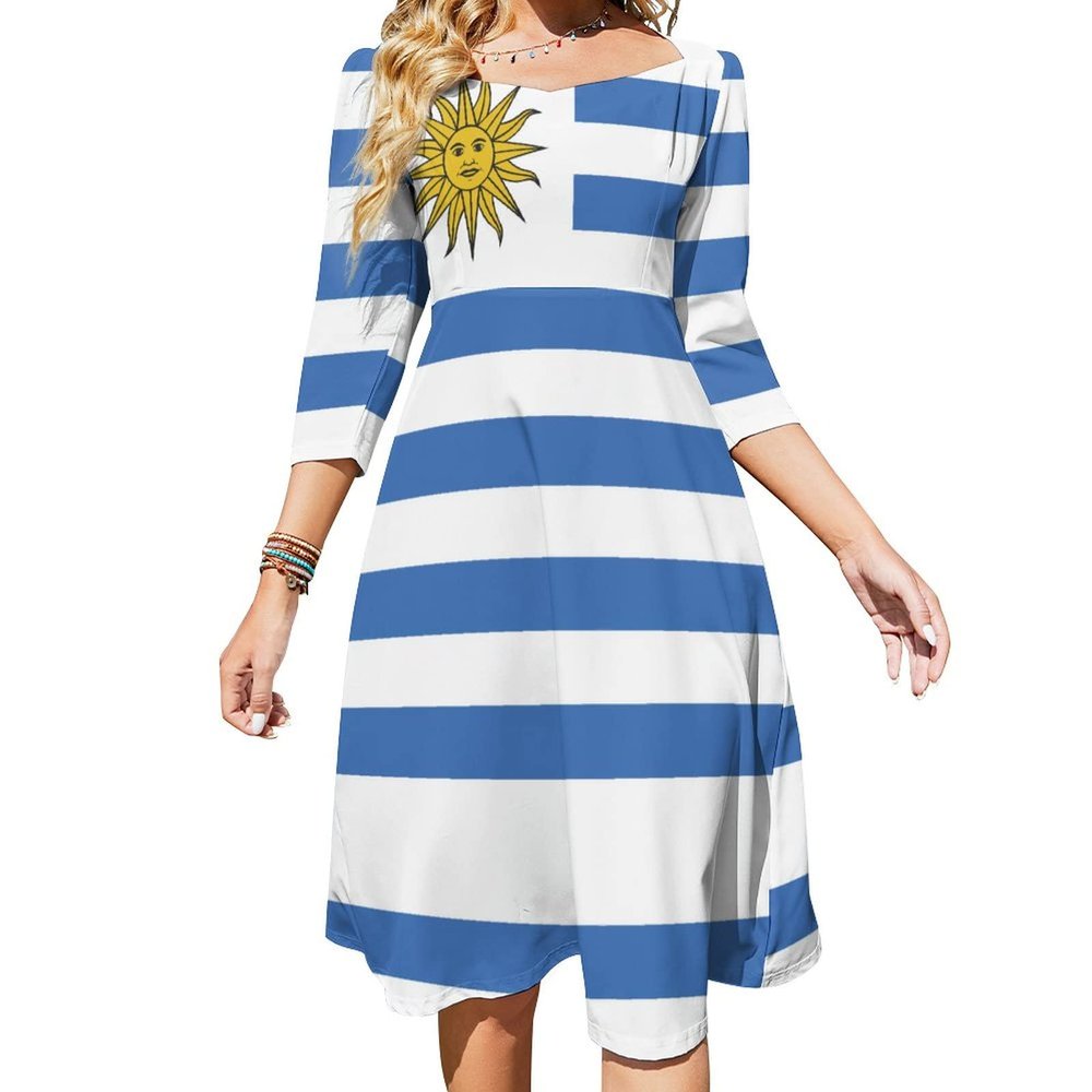 Fattyeery Elegant Casual Long Dress Uruguay Flag Girls Summer Sunshine Beach Skirts for Womens 2XL