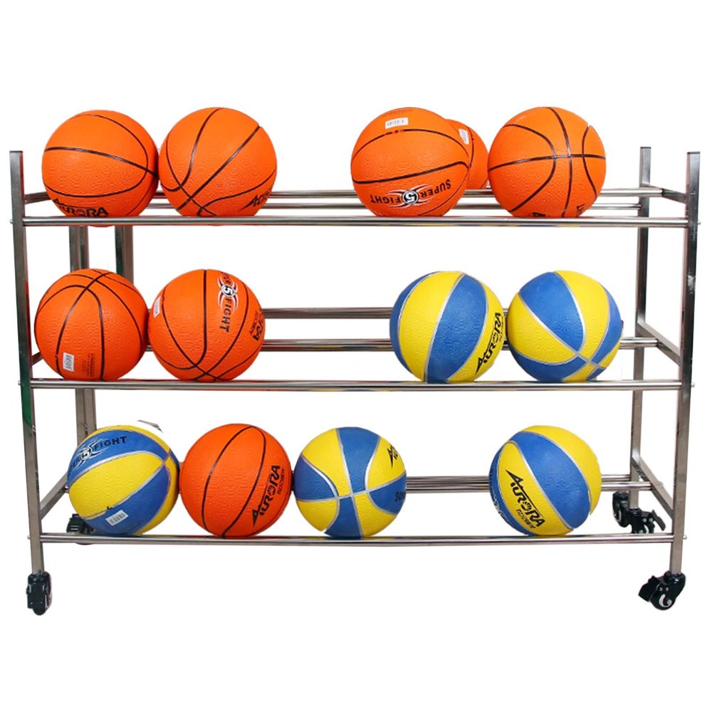 Bsetain Sports Ball Racks Stainless Steel Ball Storage Garage, Double-Sided Basketball Equipment Cart with Wheels, 3-Tier Rolling Sports Rack, Holds 36 No.5 Balls