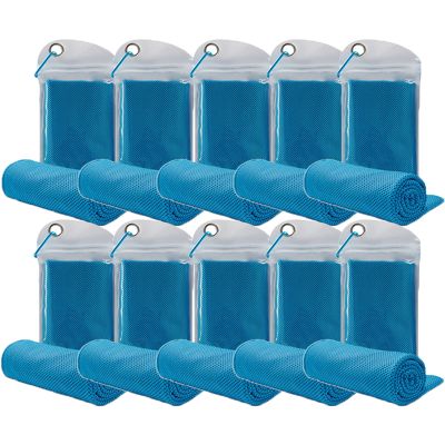 immoono 10 Pack Cooling Towels Bulk Microfiber Ice Towel Quick Dry Breathable Chilly Sweat Towel Stay Cool Towel for Neck Face Yoga Gym Workout Running Pilates Beach with Carabin Bag, 40x12'', Blue