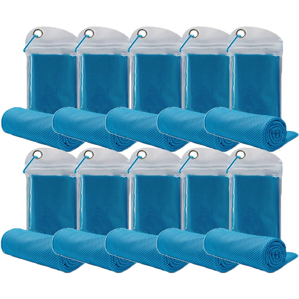 immoono 10 Pack Cooling Towels Bulk Microfiber Ice Towel Quick Dry Breathable Chilly Sweat Towel Stay Cool Towel for Neck Face Yoga Gym Workout Running Pilates Beach with Carabin Bag, 40x12'', Blue