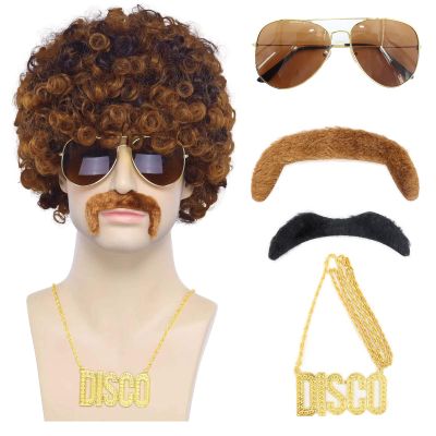 Tembol Disco Wig Men, 6Pcs Set 70s 80s Disco Costume Wig for Men with Glasses, Necklace and Mustache, Short Curly Hair Afro Mens Wig for Hippie Rocker Funny Cosplay Halloween Christmas Party
