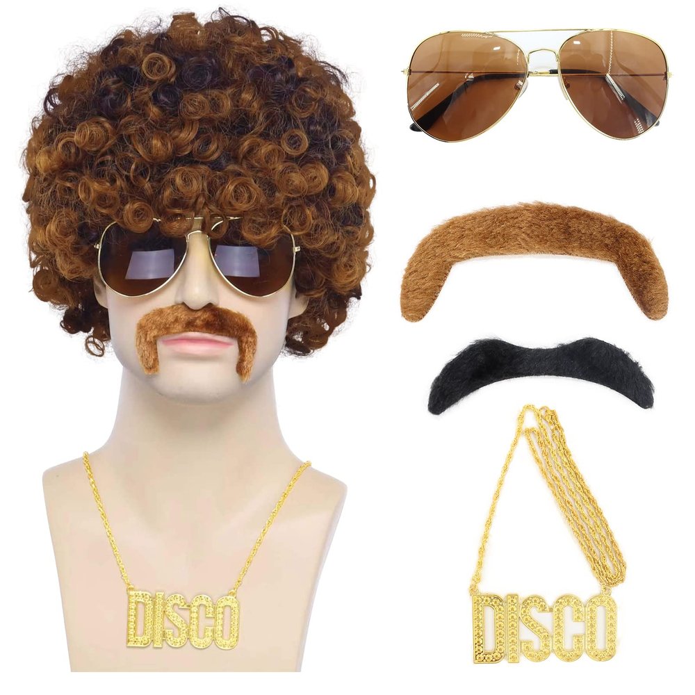 Tembol Disco Wig Men, 6Pcs Set 70s 80s Disco Costume Wig for Men with Glasses, Necklace and Mustache, Short Curly Hair Afro Mens Wig for Hippie Rocker Funny Cosplay Halloween Christmas Party