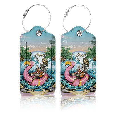 Funny Skeleton Flamingo Luggage Tags for Adults Teens,2 Pack Travel Bag Suitcase Labels with Stainless Steel Loop ID Tags Card Baggage Bag Label