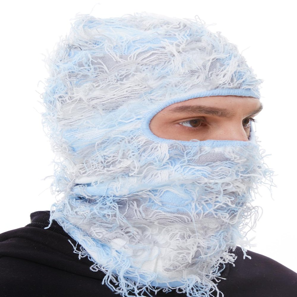 ROXUN Distressed Ski Mask Balaclava, Yeat Shiesty Fluffy Knitted Full Face Mask for Men/Women Light Blue Mixed