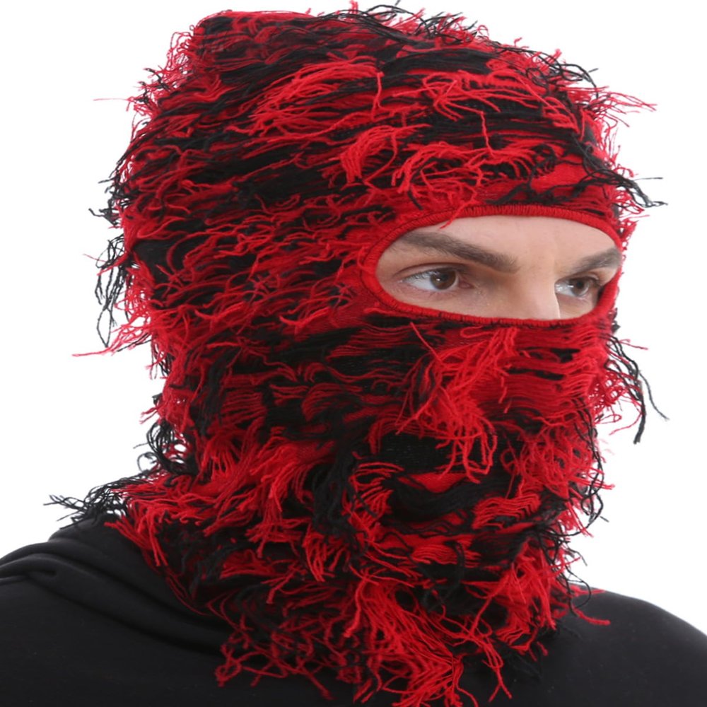 ROXUN Distressed Ski Mask Balaclava, Yeat Shiesty Fluffy Knitted Full Face Mask for Men/Women Red Mixed