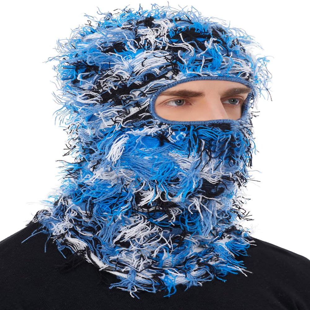 ROXUN Distressed Ski Mask Balaclava, Yeat Shiesty Fluffy Knitted Full Face Mask for Men/Women Blue Mixed