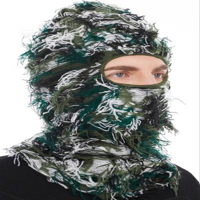 ROXUN Distressed Ski Mask Balaclava, Yeat Shiesty Fluffy Knitted Full Face Mask for Men/Women Green Mixed