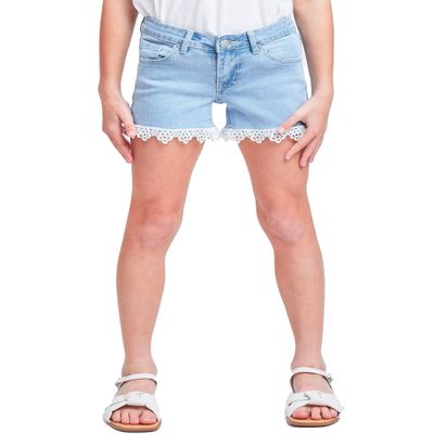 YMI Jeans Girls Mid-Rise Denim Shorts with Lace Trimmed Hem, Light Blue, 10
