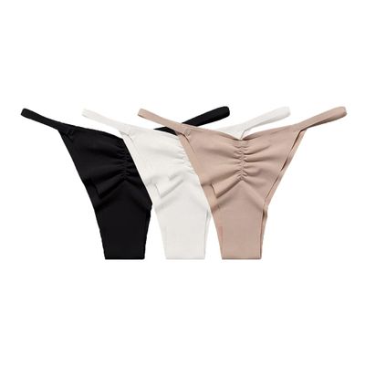 3 Pack Set Women Sexy Ice Silk Panties Low-Rise Temptation Lingerie G String Underwear No Trace Thong Intimates(Beige,S)