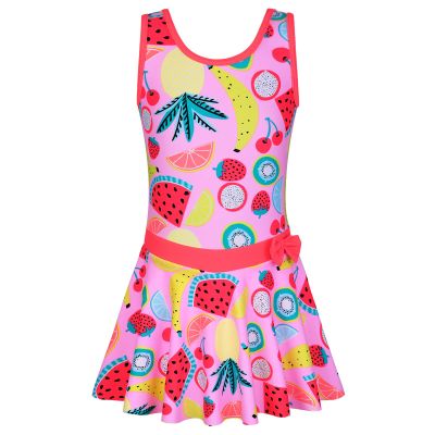 Girls Swimsuit One Piece UPF 50+ Floral Skirted Bathing Suit Modest Beach Swim Dress S363_Fruits_104/110