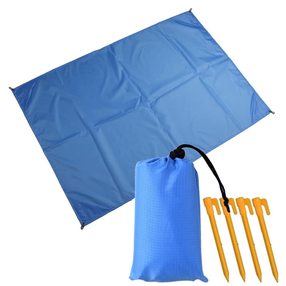 Muka Beach Blanket Portable Compact Lightweight for Outdoor Camping, Picnic, Sunbath Mat w/Fixed Piles and Storage-Blue-A3.3 x 4.6 ft