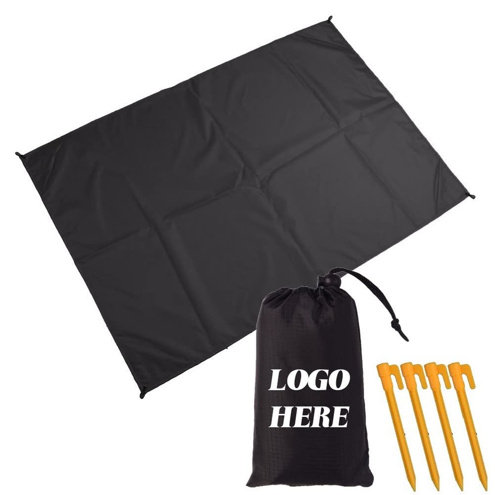 Muka Custom Beach Blanket Portable for Outdoor Camping, Picnic, Sunbath Mat w/Fixed Piles and Storage-Black-B4.6 x 4.9 ft