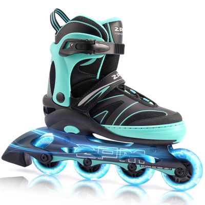 2PM SPORTS Kids Adjustable Inline Skates Ages 4-12, Youth Inlie Skates for Girls Boys 5-8 8-12 with Full Light Up Wheels, Beginner Women Men Adult Skates - Mint Medium