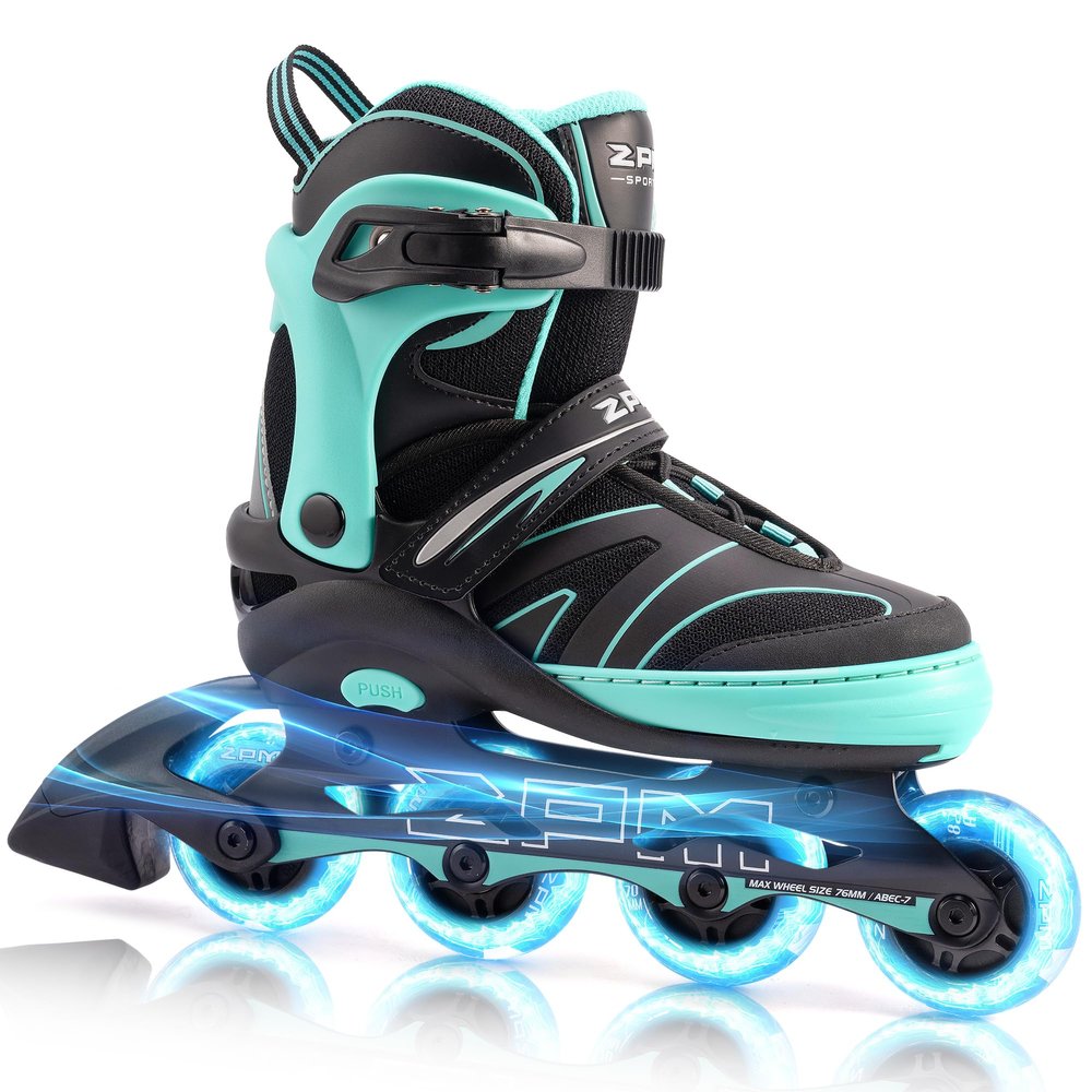 2PM SPORTS Kids Adjustable Inline Skates Ages 4-12, Youth Inlie Skates for Girls Boys 5-8 8-12 with Full Light Up Wheels, Beginner Women Men Adult Skates - Mint Small